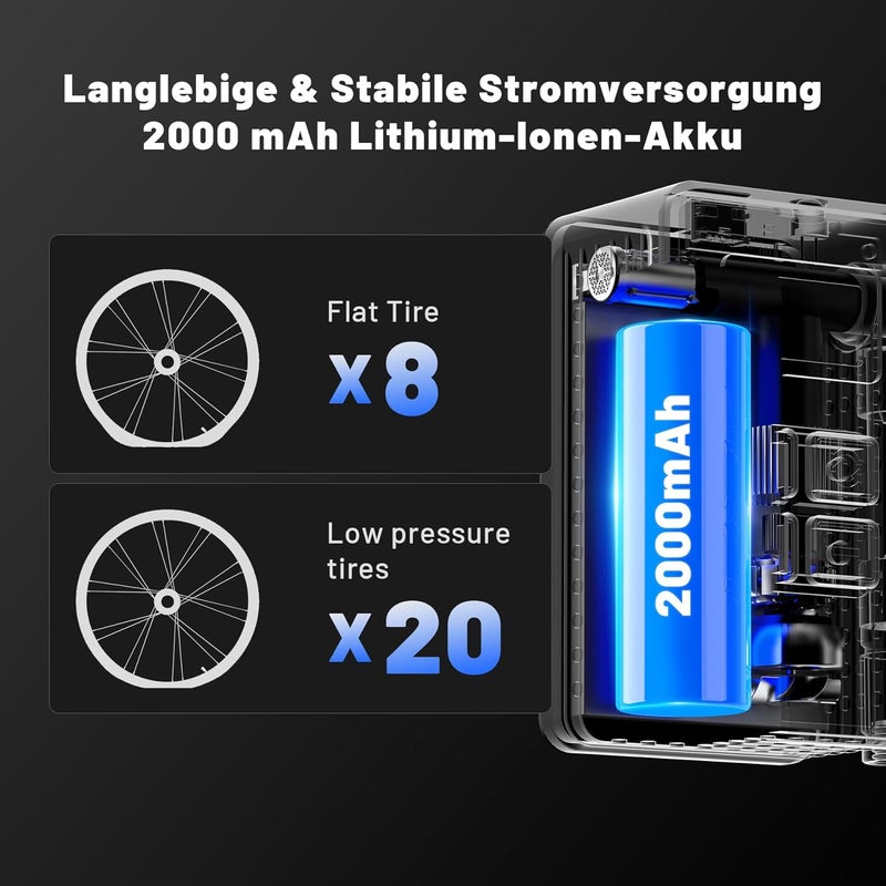 EXTOLINK Mini Bike Tire Pump - 20s Fast Inflate Electric Bike Pump with Gauge, Max 150PSI Electric Air Pump with Presta & Schrader Valve for Road Bike, Mountain Bike, Electric Bike - Image 3